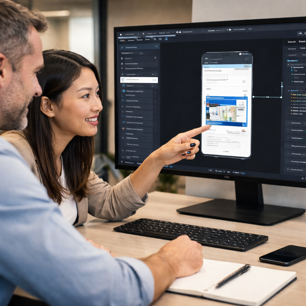 Product manager and designer collaborating on a visual app editor interface.
